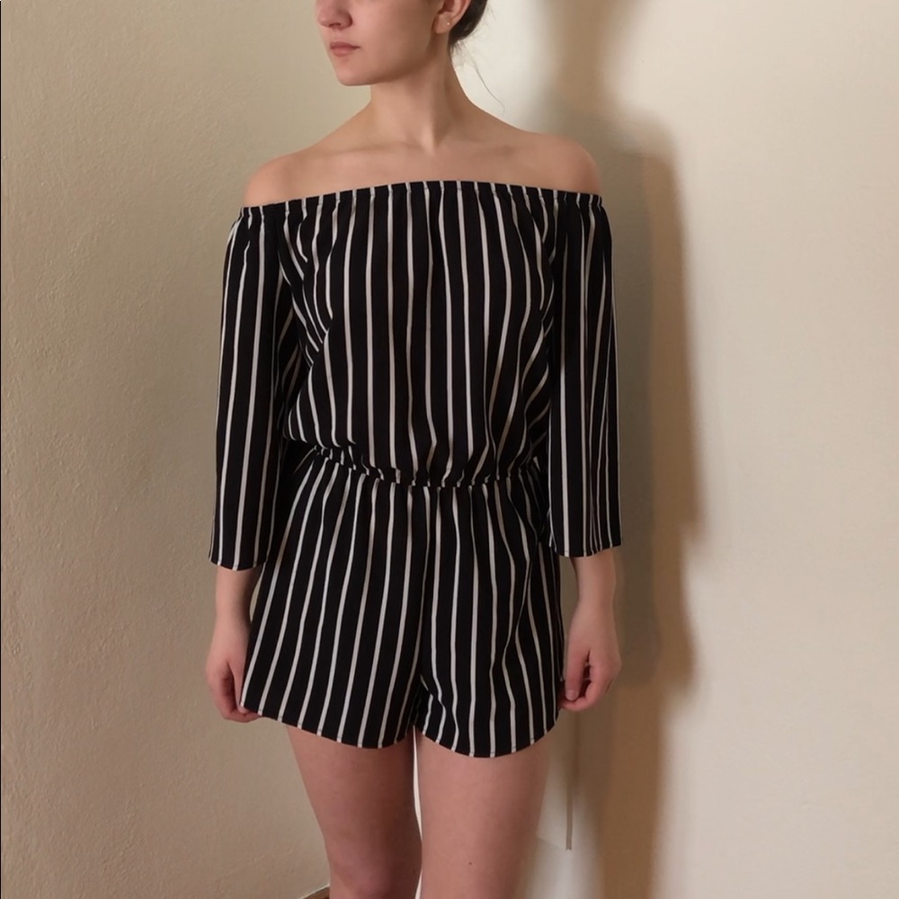 Vertical stripe off the shoulder romper